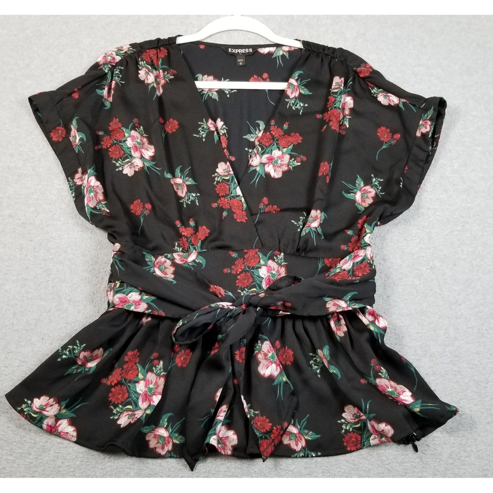 Express Peplum Top Women M Medium Black Red Roses V-Neck Waist Side Zip Blouse